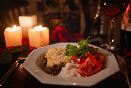 Assiette de gratin avec riz, tomates fraîches et coriandre, ambiance romantique avec bougies et verre de vin.